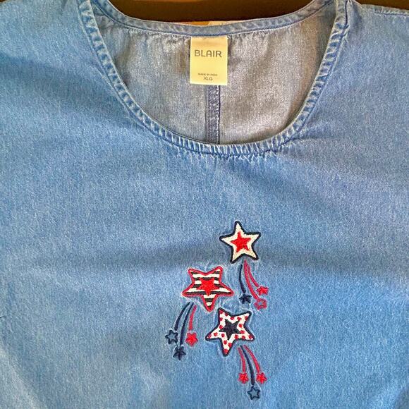 VTG USA Embroidered Stars Patriotic 4th of July Denim Dress Fireworks XL - Picture 7 of 9